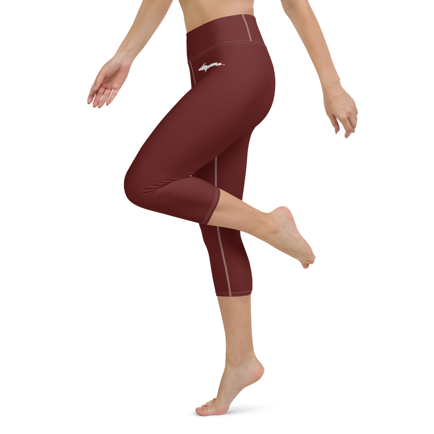 Michigan Upper Peninsula Yoga Capri Leggings (w/ UP Outline) | Cherrywood Color