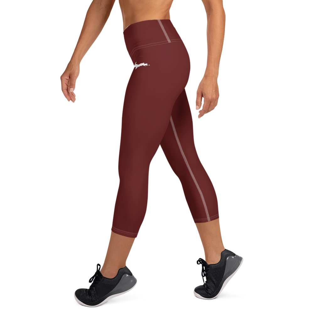 Michigan Upper Peninsula Yoga Capri Leggings (w/ UP Outline) | Cherrywood Color