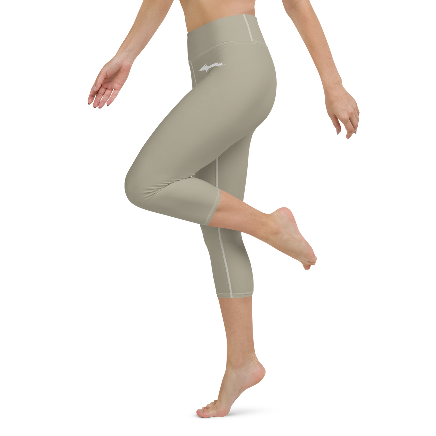 Michigan Upper Peninsula Yoga Capri Leggings (w/ UP Outline) | Petoskey Stone Beige