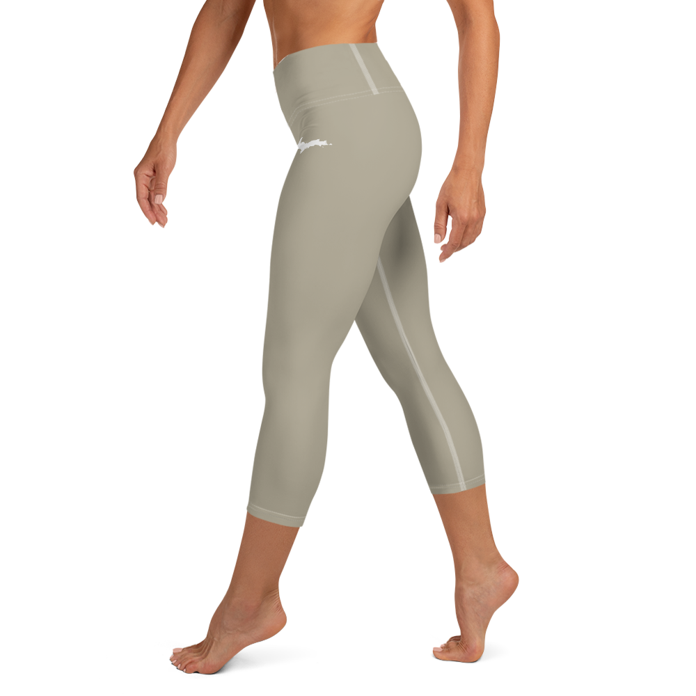 Michigan Upper Peninsula Yoga Capri Leggings (w/ UP Outline) | Petoskey Stone Beige