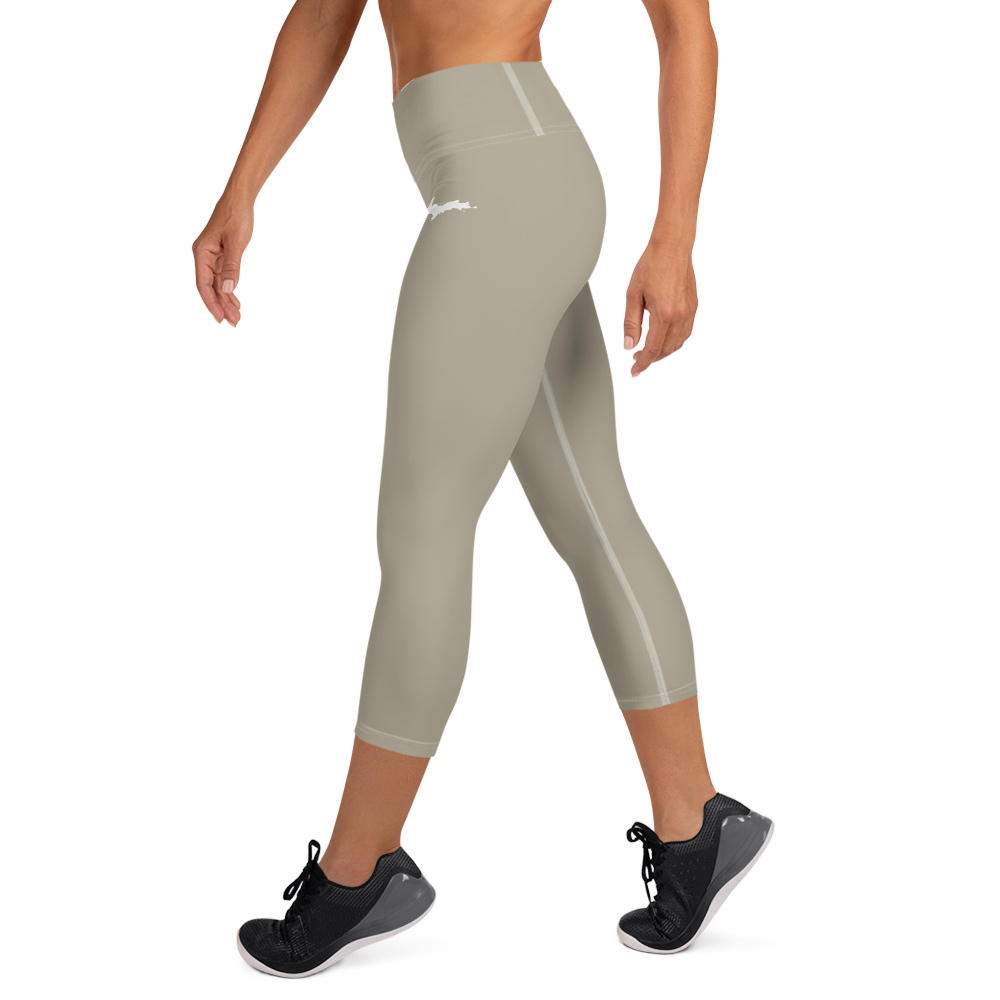 Michigan Upper Peninsula Yoga Capri Leggings (w/ UP Outline) | Petoskey Stone Beige