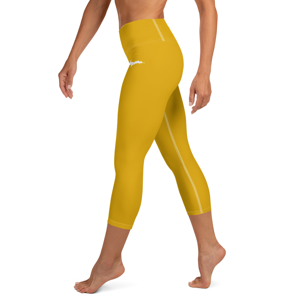 Michigan Upper Peninsula Yoga Capri Leggings (w/ UP Outline) | Gold