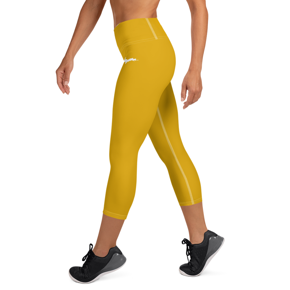 Michigan Upper Peninsula Yoga Capri Leggings (w/ UP Outline) | Gold