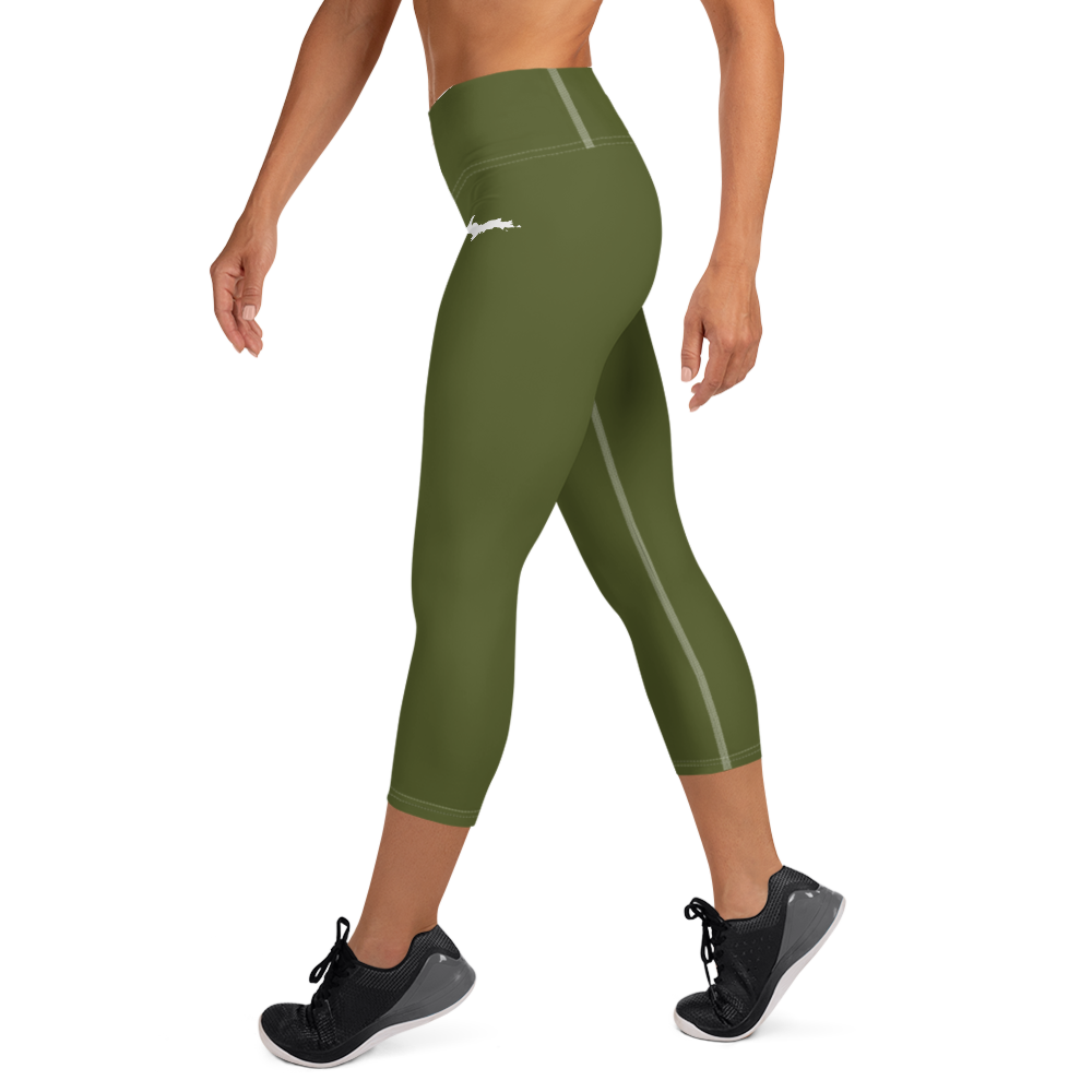 Michigan Upper Peninsula Yoga Capri Leggings (w/ UP Outline) | Army Green