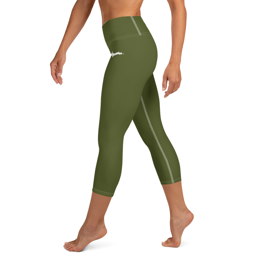 Michigan Upper Peninsula Yoga Capri Leggings (w/ UP Outline) | Army Green