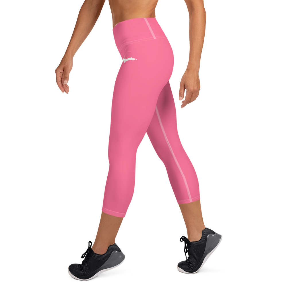 Michigan Upper Peninsula Yoga Capri Leggings (w/ UP Outline) | Rhodochrosite Pink