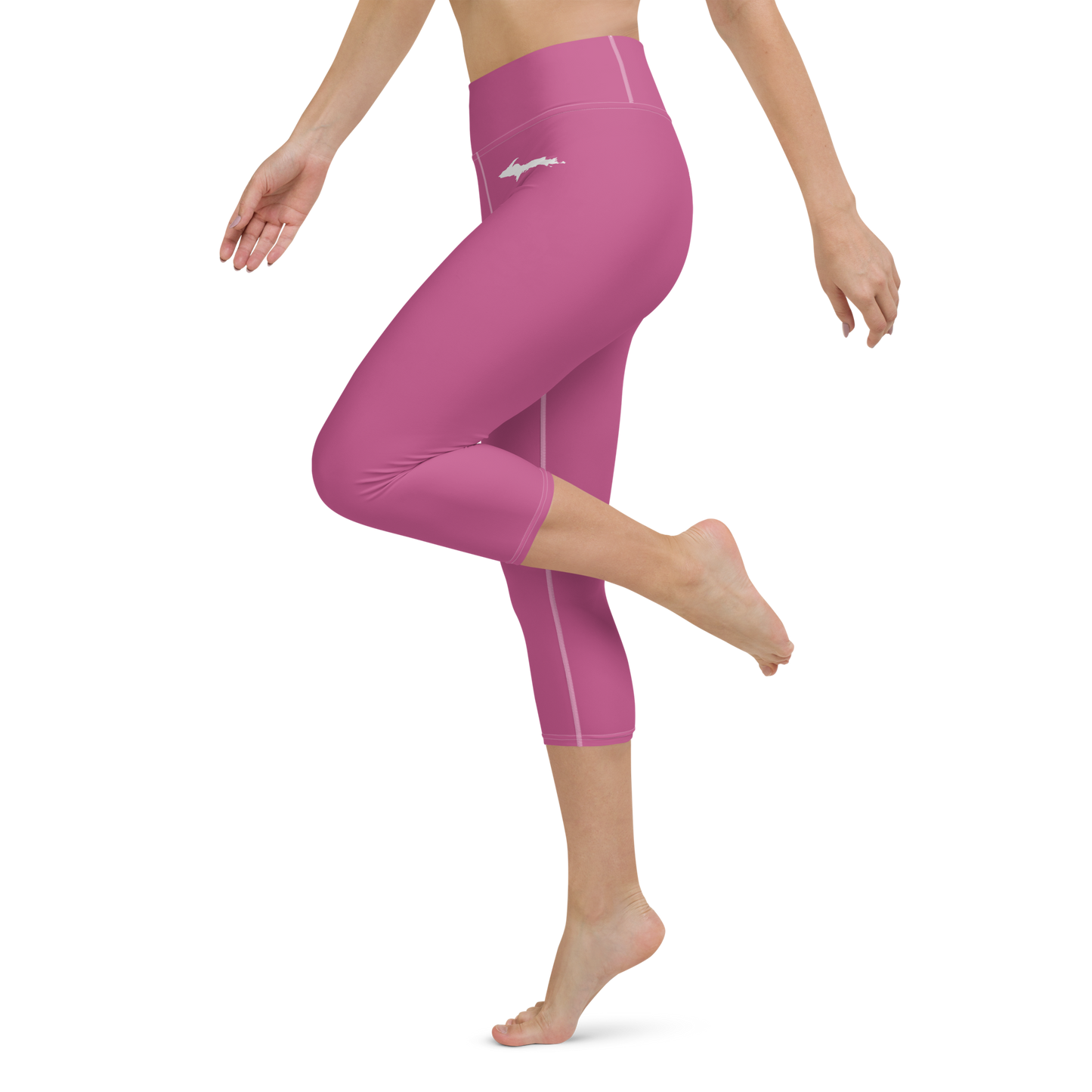 Michigan Upper Peninsula Yoga Capri Leggings (w/ UP Outline) | Apple Blossom Pink