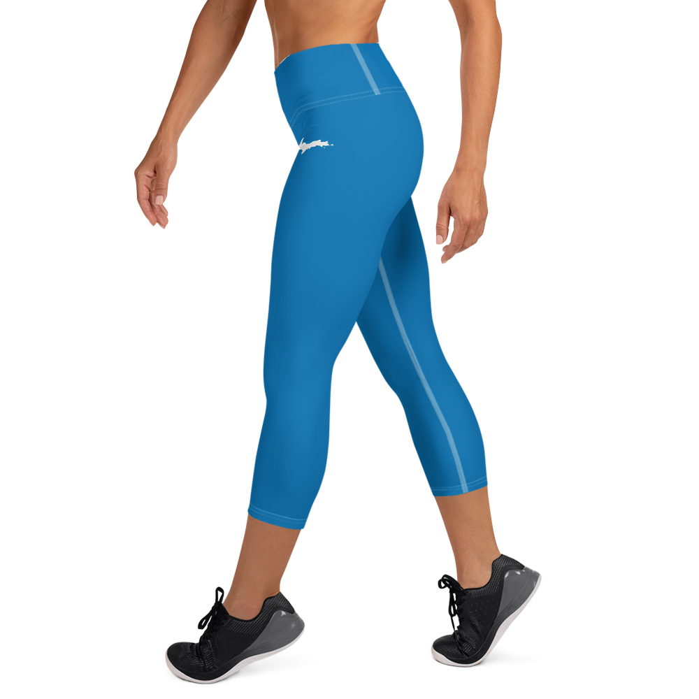 Michigan Upper Peninsula Yoga Capri Leggings (w/ UP Outline) | Azure