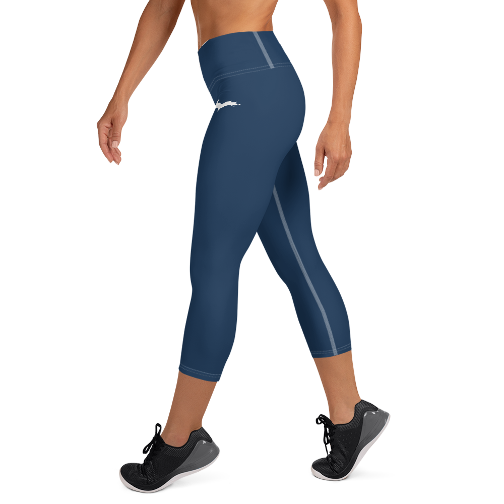 Michigan Upper Peninsula Yoga Capri Leggings (w/ UP Outline) | Navy