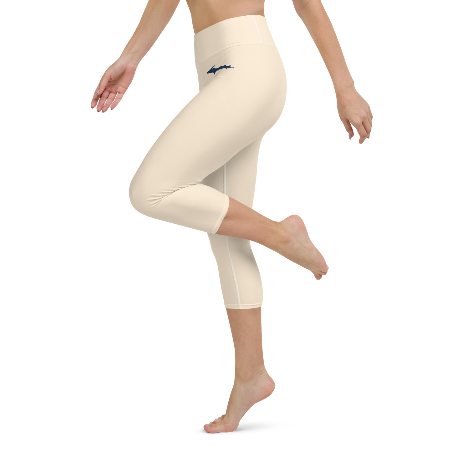 Michigan Upper Peninsula Yoga Capri Leggings (w/ UP Outline) | Champagne White