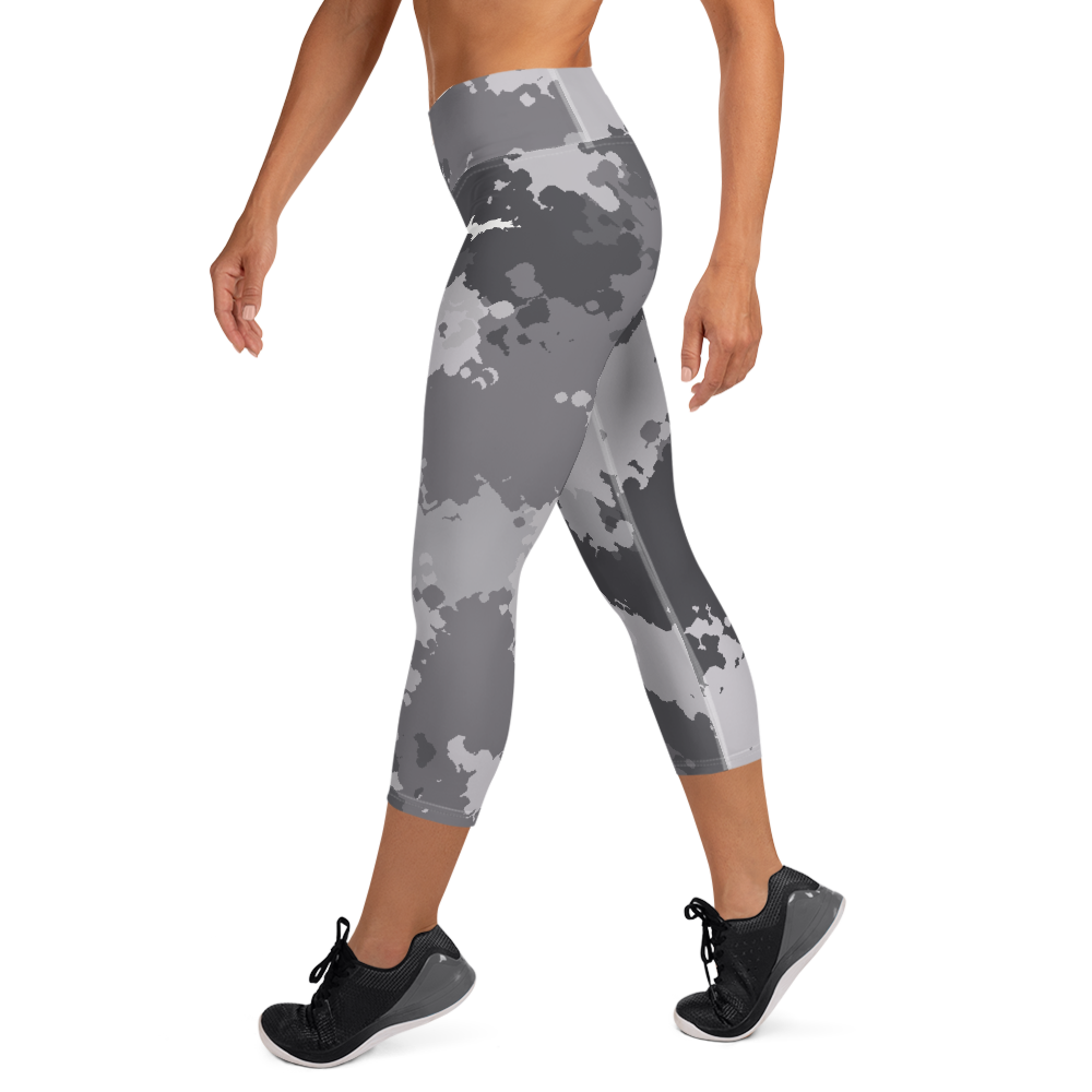 Michigan Upper Peninsula Yoga Capri Leggings (w/ UP Outline) | Iron Ore Grey