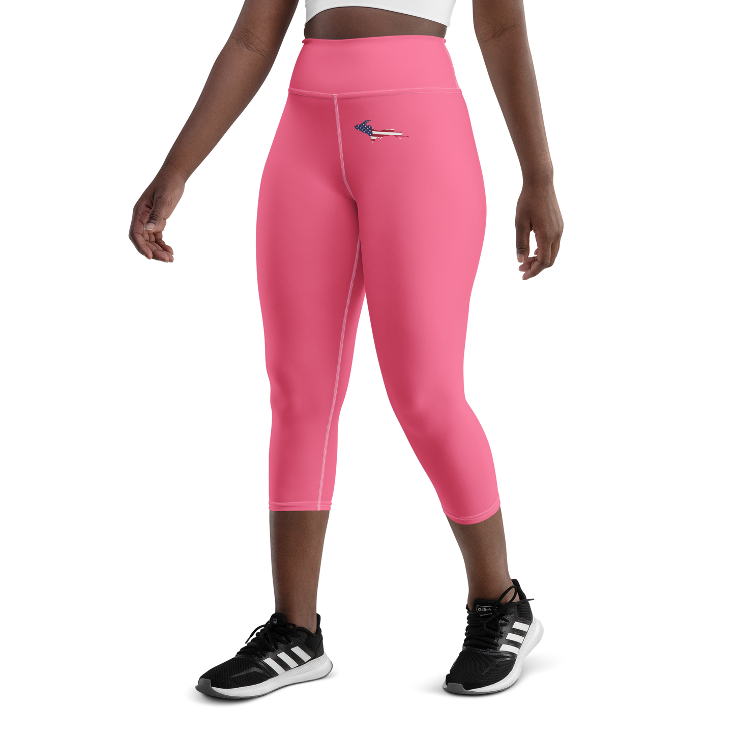 Michigan Upper Peninsula Yoga Capri Leggings (w/ UP USA Flag) | Rhodochrosite Pink