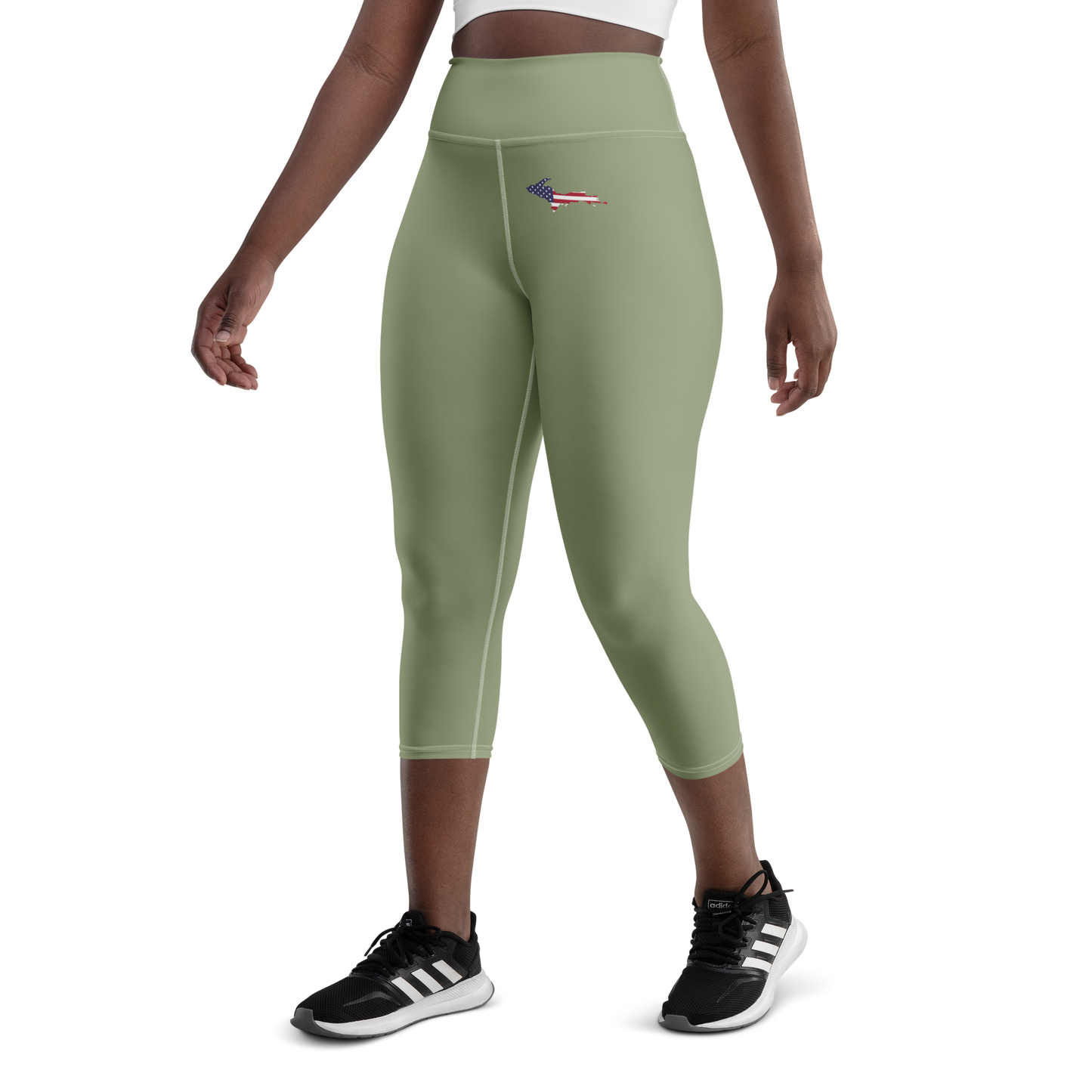 Michigan Upper Peninsula Yoga Capri Leggings (w/ UP USA Flag) | Beachgrass Green