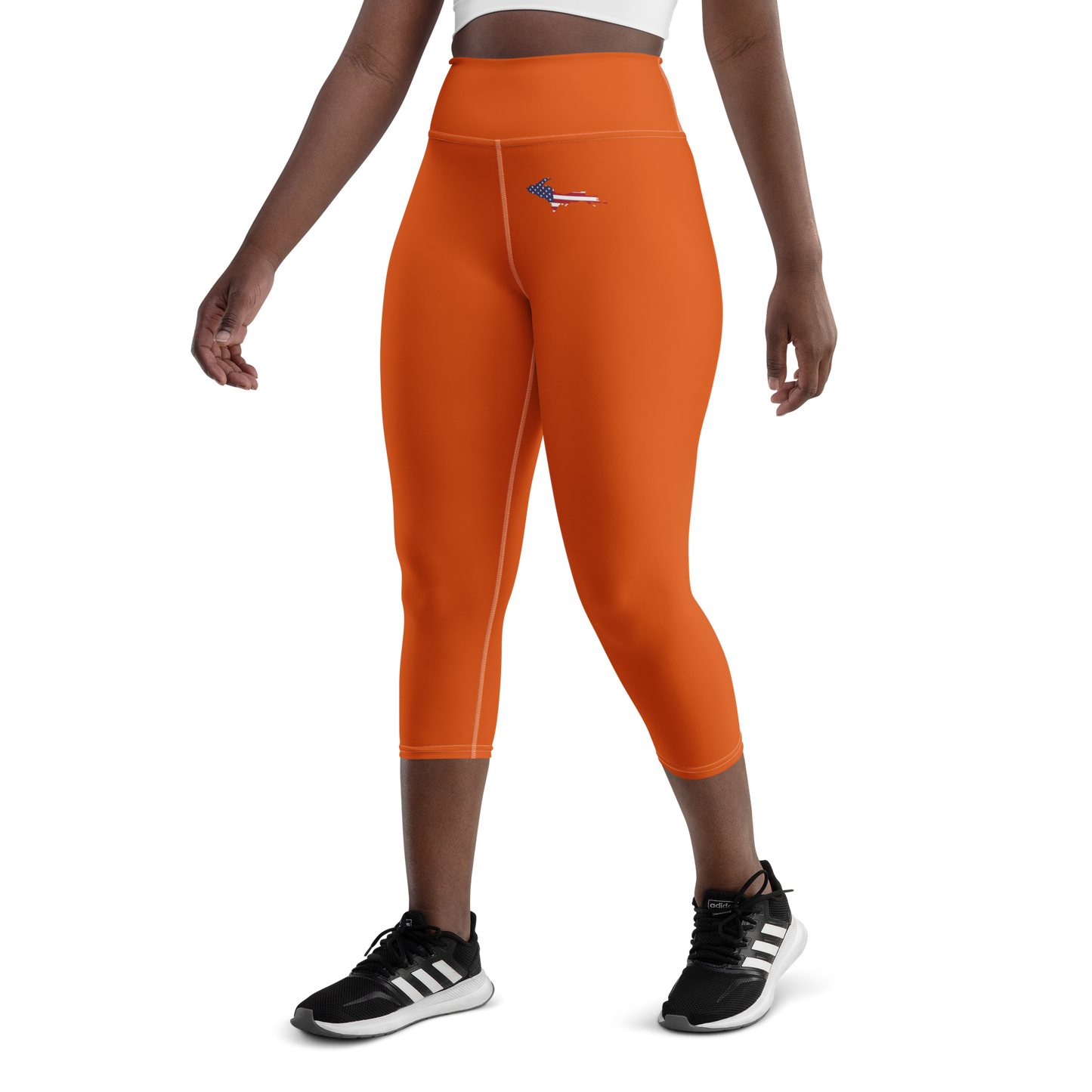 Michigan Upper Peninsula Yoga Capri Leggings (w/ UP USA Flag) | Maple Leaf Orange