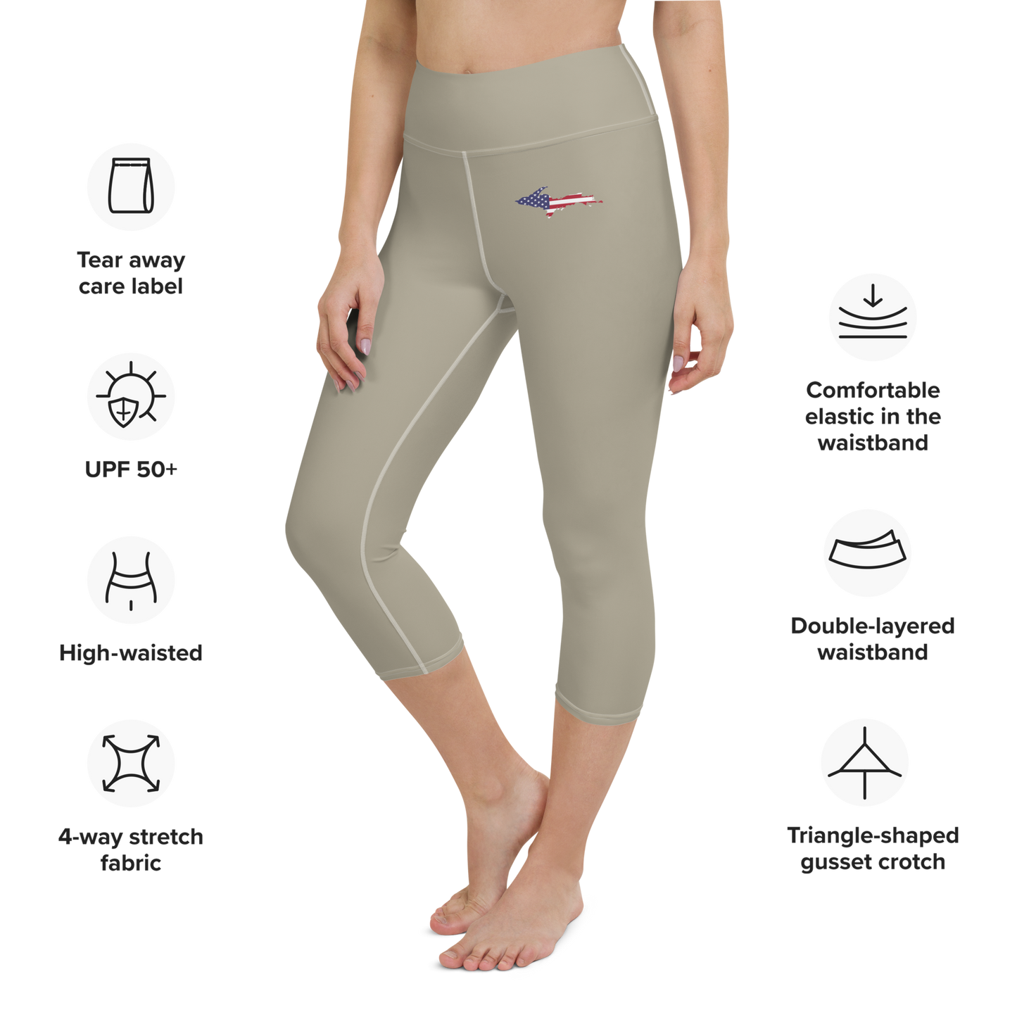 Michigan Upper Peninsula Yoga Capri Leggings (w/ UP USA Flag) | Petoskey Stone Beige