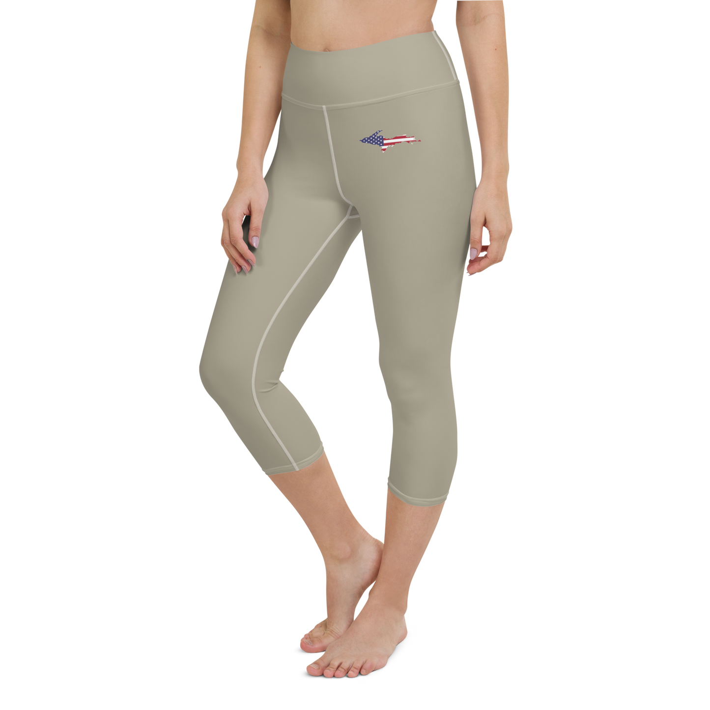 Michigan Upper Peninsula Yoga Capri Leggings (w/ UP USA Flag) | Petoskey Stone Beige