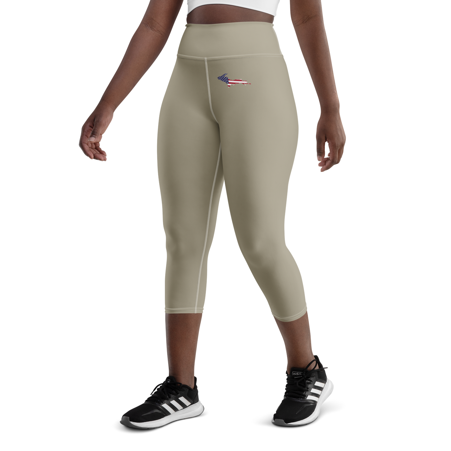 Michigan Upper Peninsula Yoga Capri Leggings (w/ UP USA Flag) | Petoskey Stone Beige