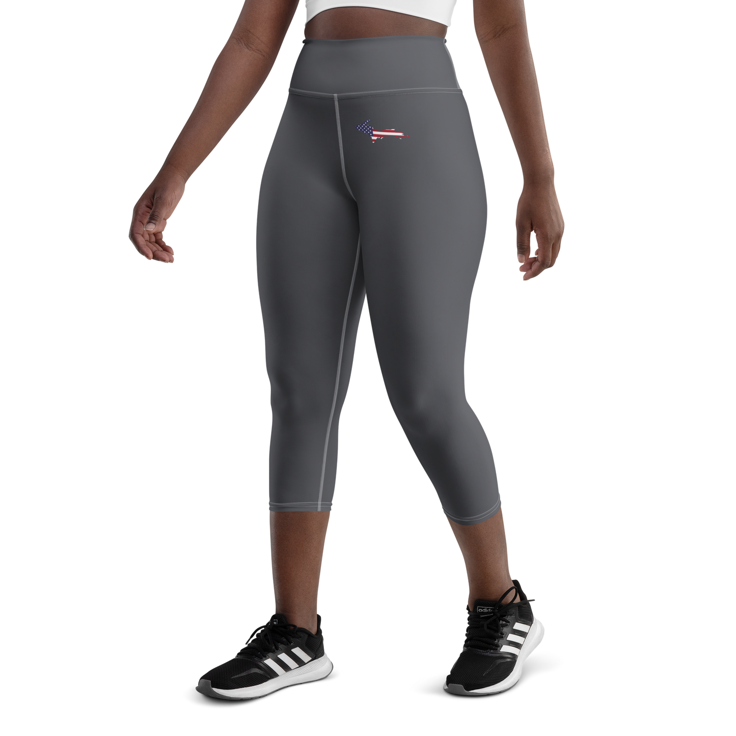 Michigan Upper Peninsula Yoga Capri Leggings (w/ UP USA Flag) | Iron Ore Grey