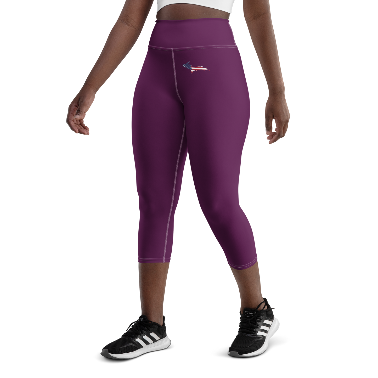 Michigan Upper Peninsula Yoga Capri Leggings (w/ UP USA Flag) | Tyrian Purple