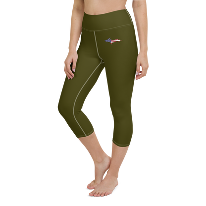 Michigan Upper Peninsula Yoga Capri Leggings (w/ UP USA Flag) | Military Green