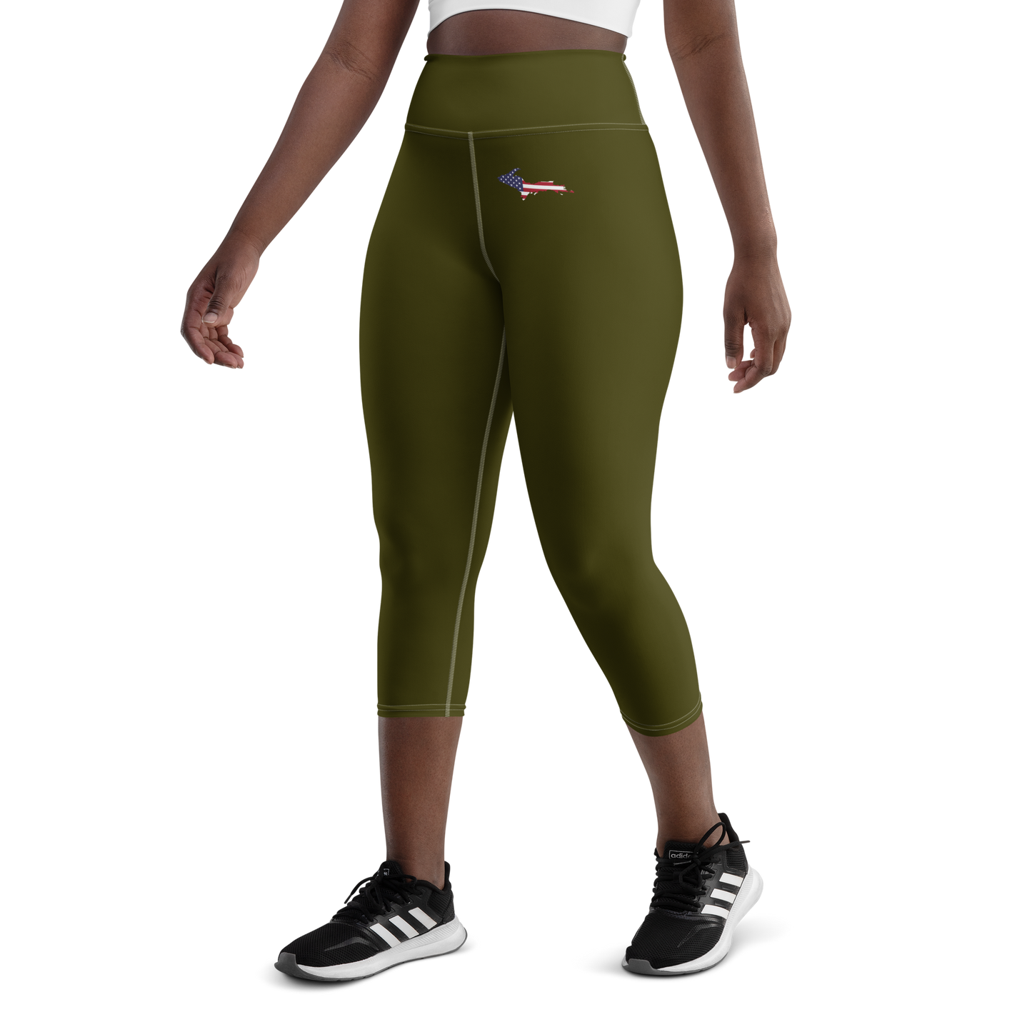 Michigan Upper Peninsula Yoga Capri Leggings (w/ UP USA Flag) | Military Green