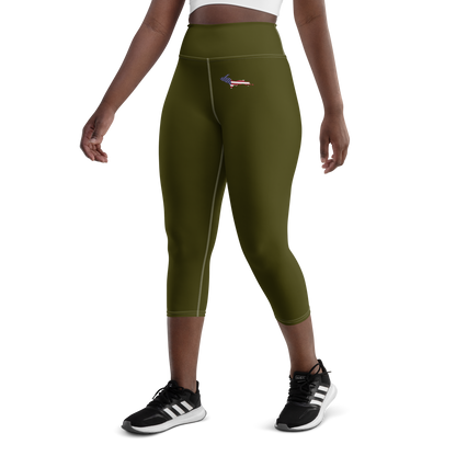 Michigan Upper Peninsula Yoga Capri Leggings (w/ UP USA Flag) | Military Green