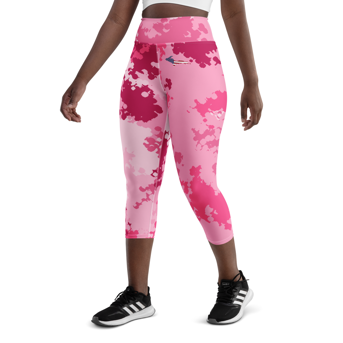 Michigan Upper Peninsula Yoga Capri Leggings (w/ UP USA Flag) | Pink Camo