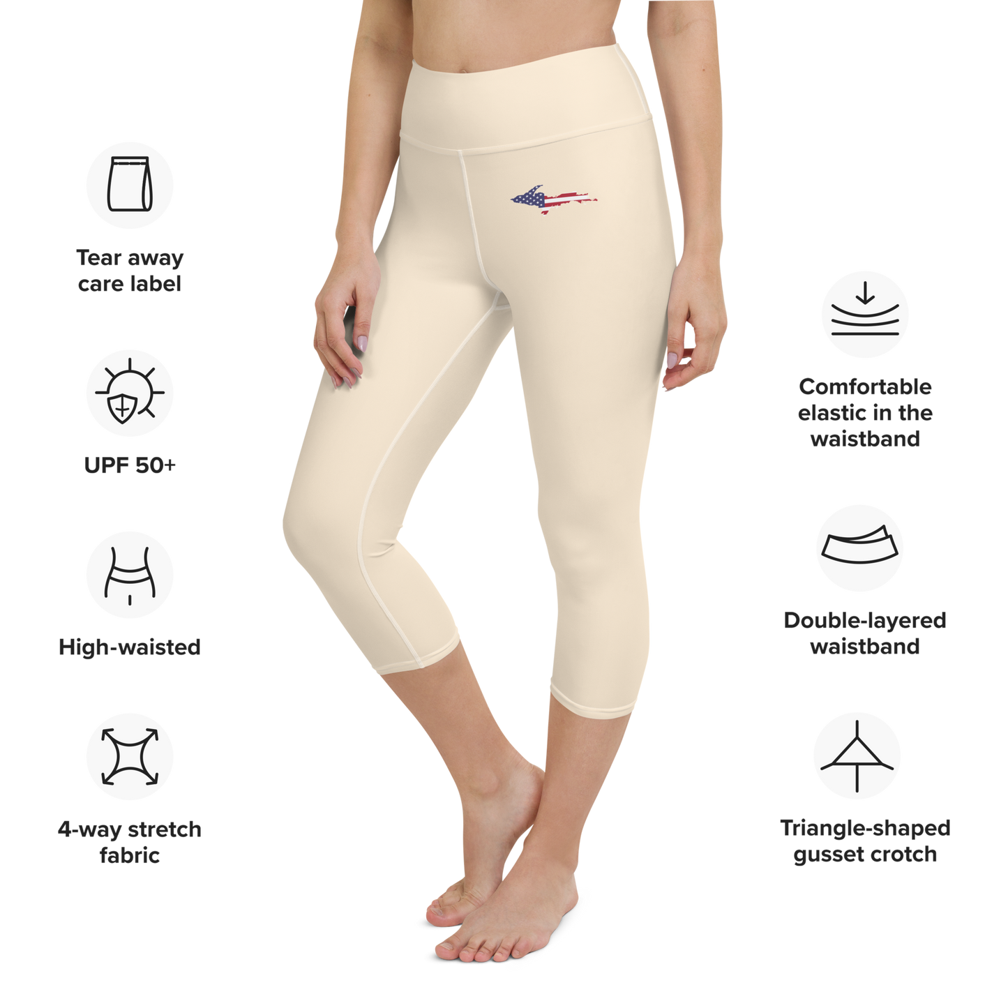 Michigan Upper Peninsula Yoga Capri Leggings (w/ UP USA Flag) | Champagne White