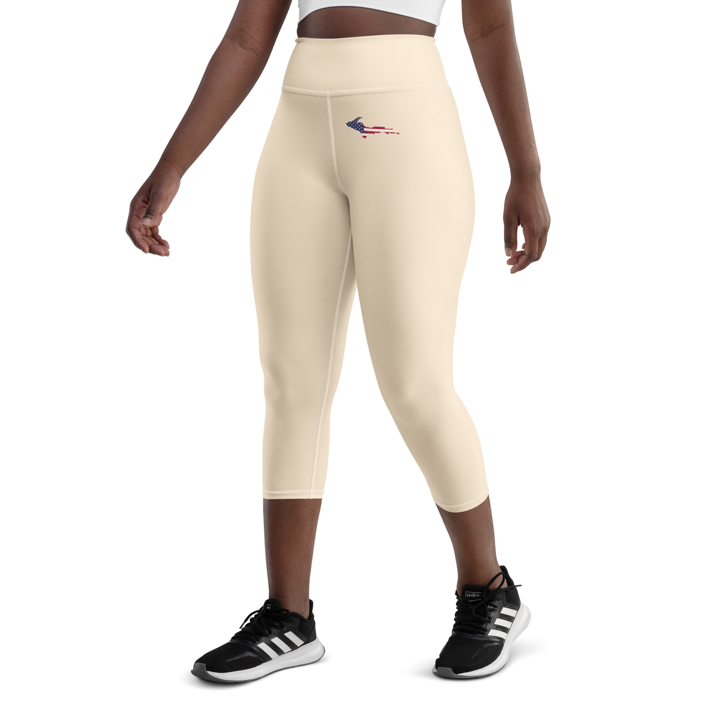 Michigan Upper Peninsula Yoga Capri Leggings (w/ UP USA Flag) | Champagne White