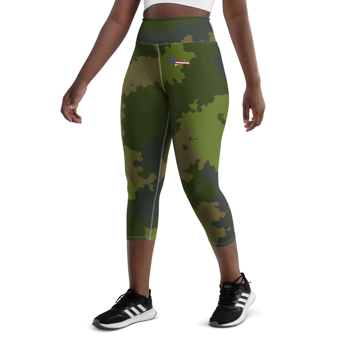 Michigan Upper Peninsula Yoga Leggings (w/ UP USA Flag) | Woodland Camo