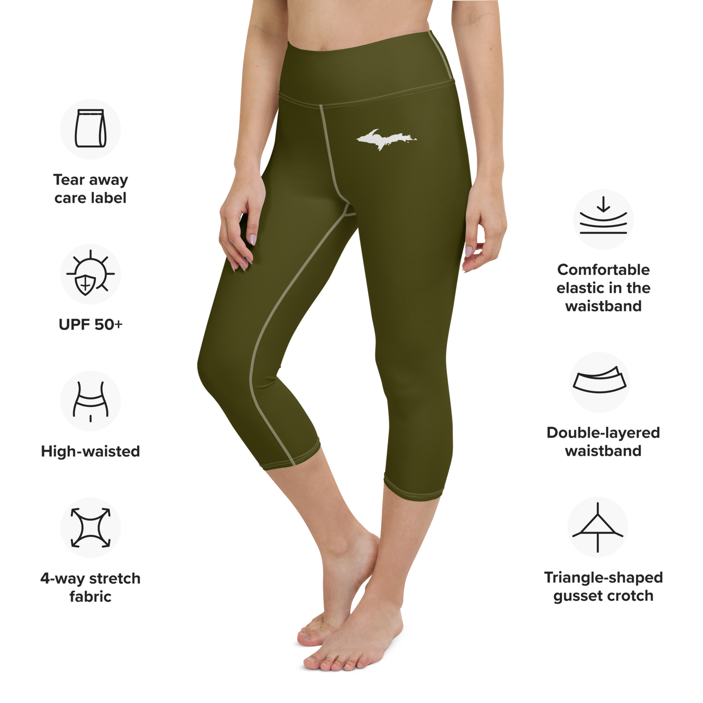 Michigan Upper Peninsula Yoga Capri Leggings (w/ UP Outline) | Military Green