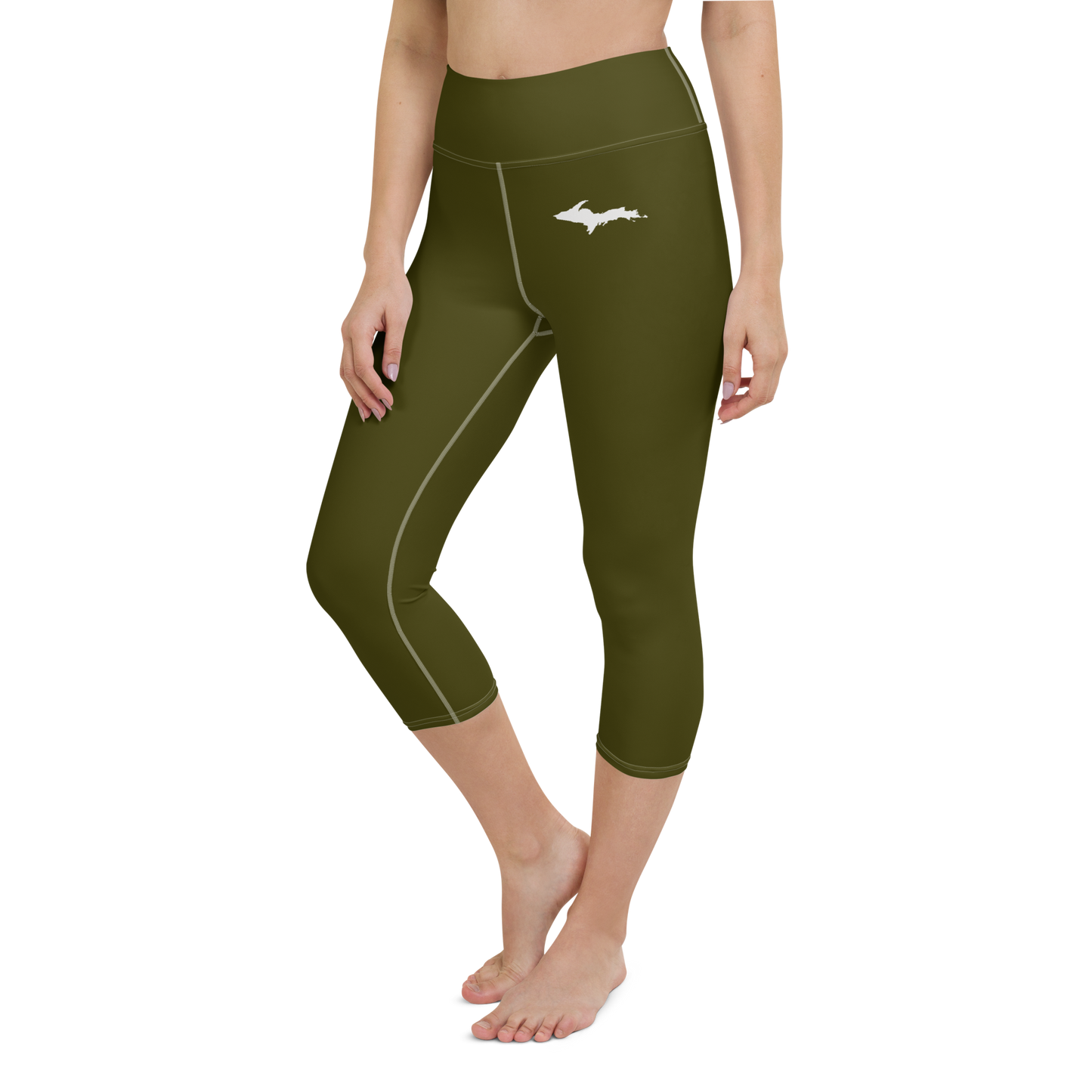 Michigan Upper Peninsula Yoga Capri Leggings (w/ UP Outline) | Military Green