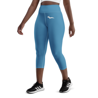 Michigan Upper Peninsula Yoga Capri Leggings (w/ UP Outline) | Lake Michigan Blue