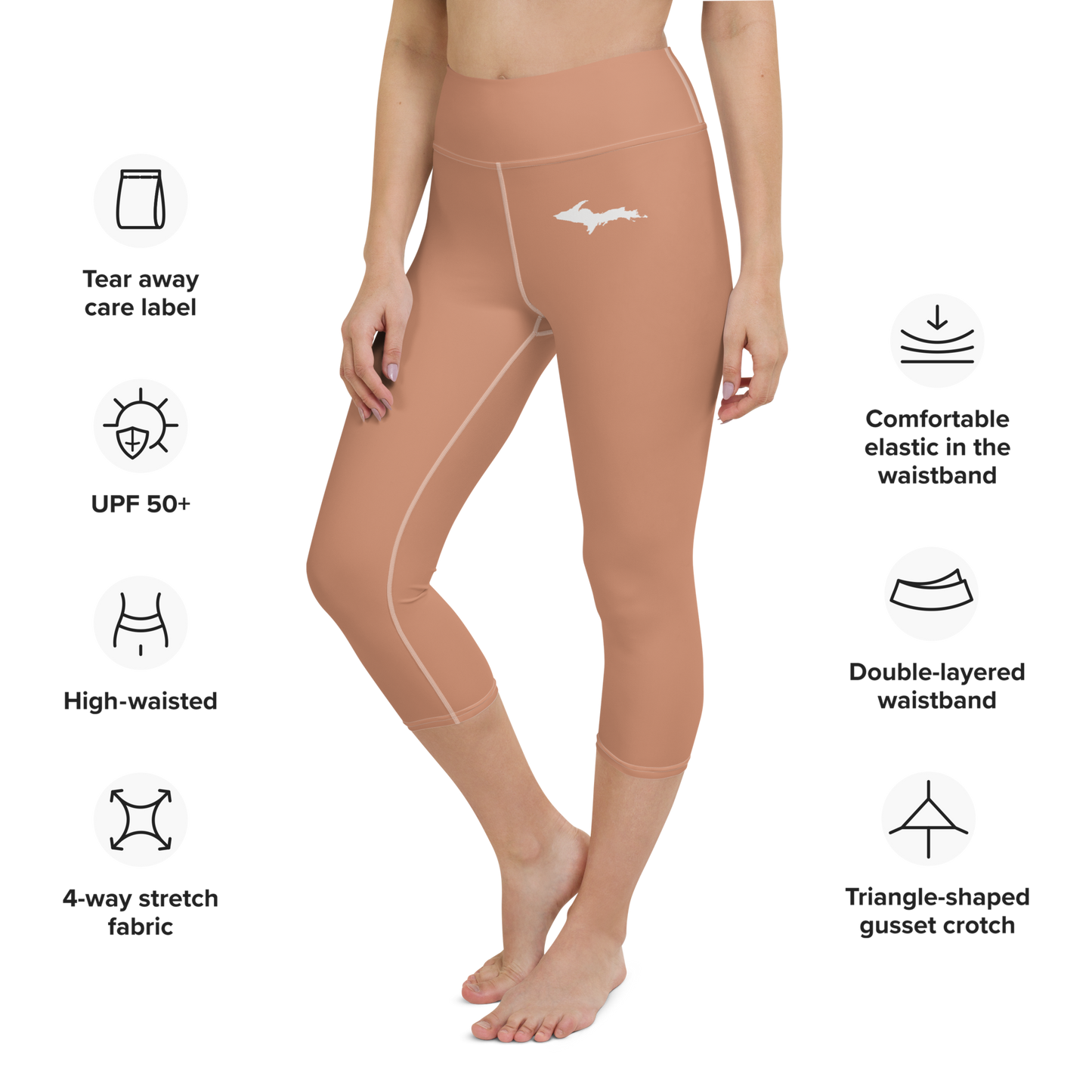 Michigan Upper Peninsula Yoga Capri Leggings (w/ UP Outline) | Copper Color