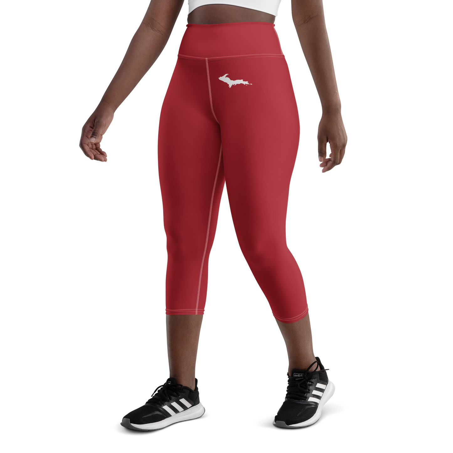 Michigan Upper Peninsula Yoga Capri Leggings (w/ UP Outline) | Thimbleberry Red