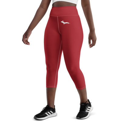 Michigan Upper Peninsula Yoga Capri Leggings (w/ UP Outline) | Thimbleberry Red