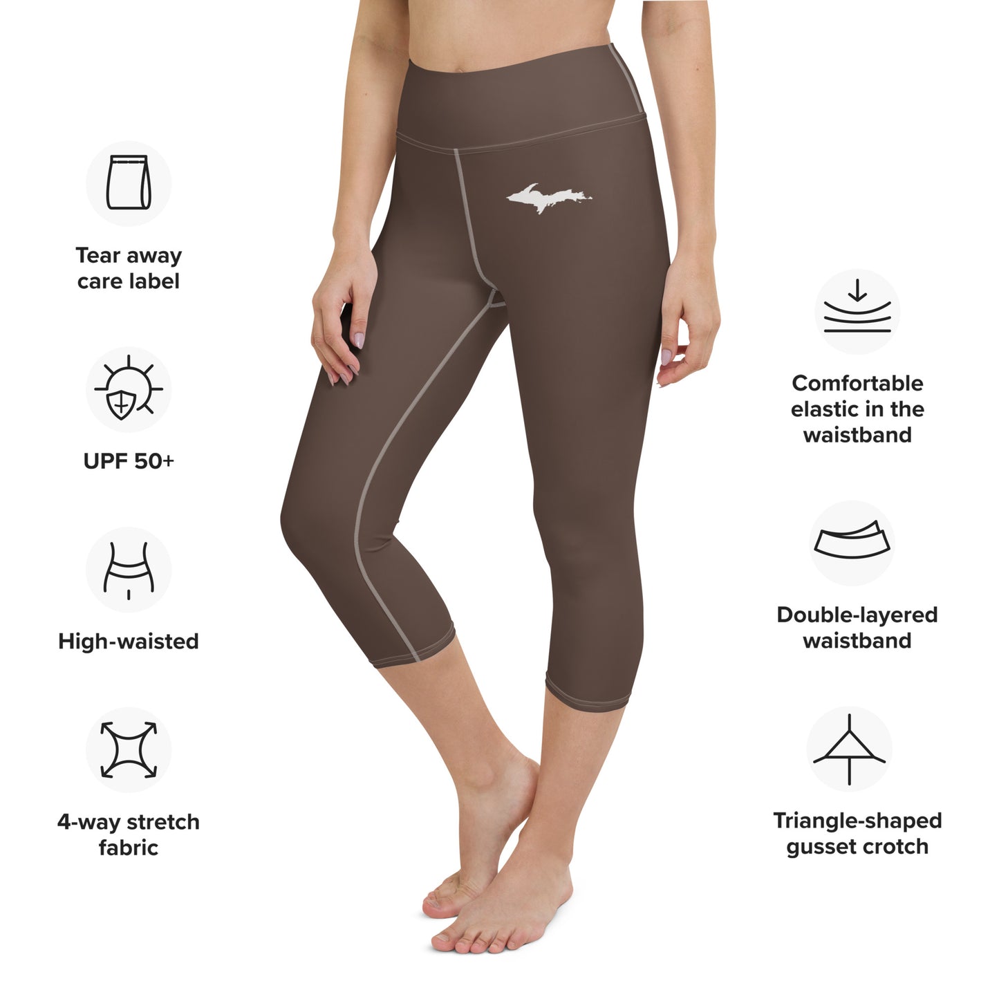 Michigan Upper Peninsula Yoga Capri Leggings (w/ UP Outline) | Hickory Color