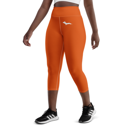 Michigan Upper Peninsula Yoga Capri Leggings (w/ UP Outline) | Maple Leaf Orange