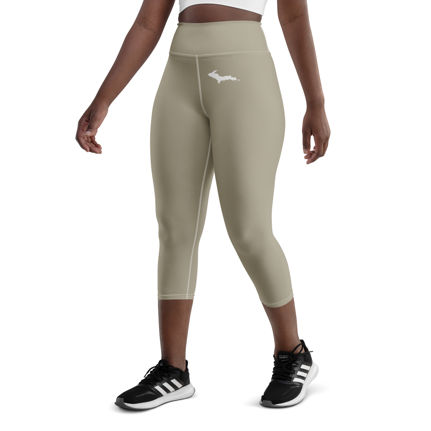 Michigan Upper Peninsula Yoga Capri Leggings (w/ UP Outline) | Petoskey Stone Beige