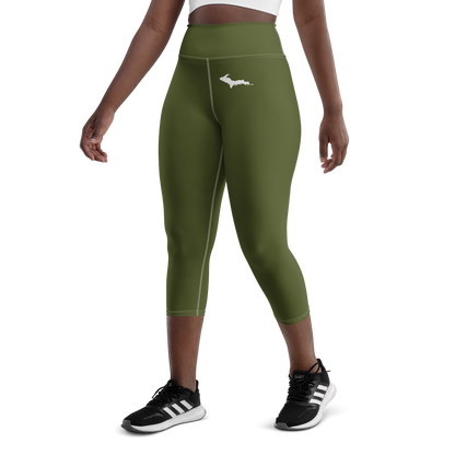 Michigan Upper Peninsula Yoga Capri Leggings (w/ UP Outline) | Army Green