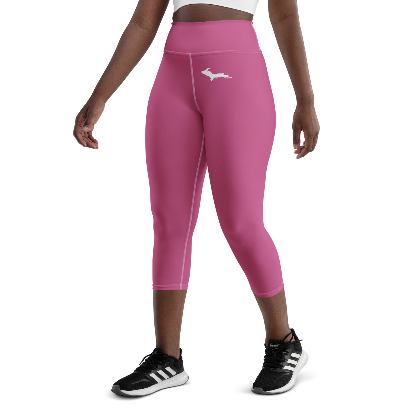 Michigan Upper Peninsula Yoga Capri Leggings (w/ UP Outline) | Apple Blossom Pink