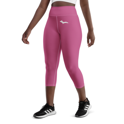 Michigan Upper Peninsula Yoga Capri Leggings (w/ UP Outline) | Apple Blossom Pink