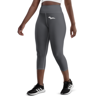 Michigan Upper Peninsula Yoga Capri Leggings (w/ UP Outline) | Iron Ore Grey