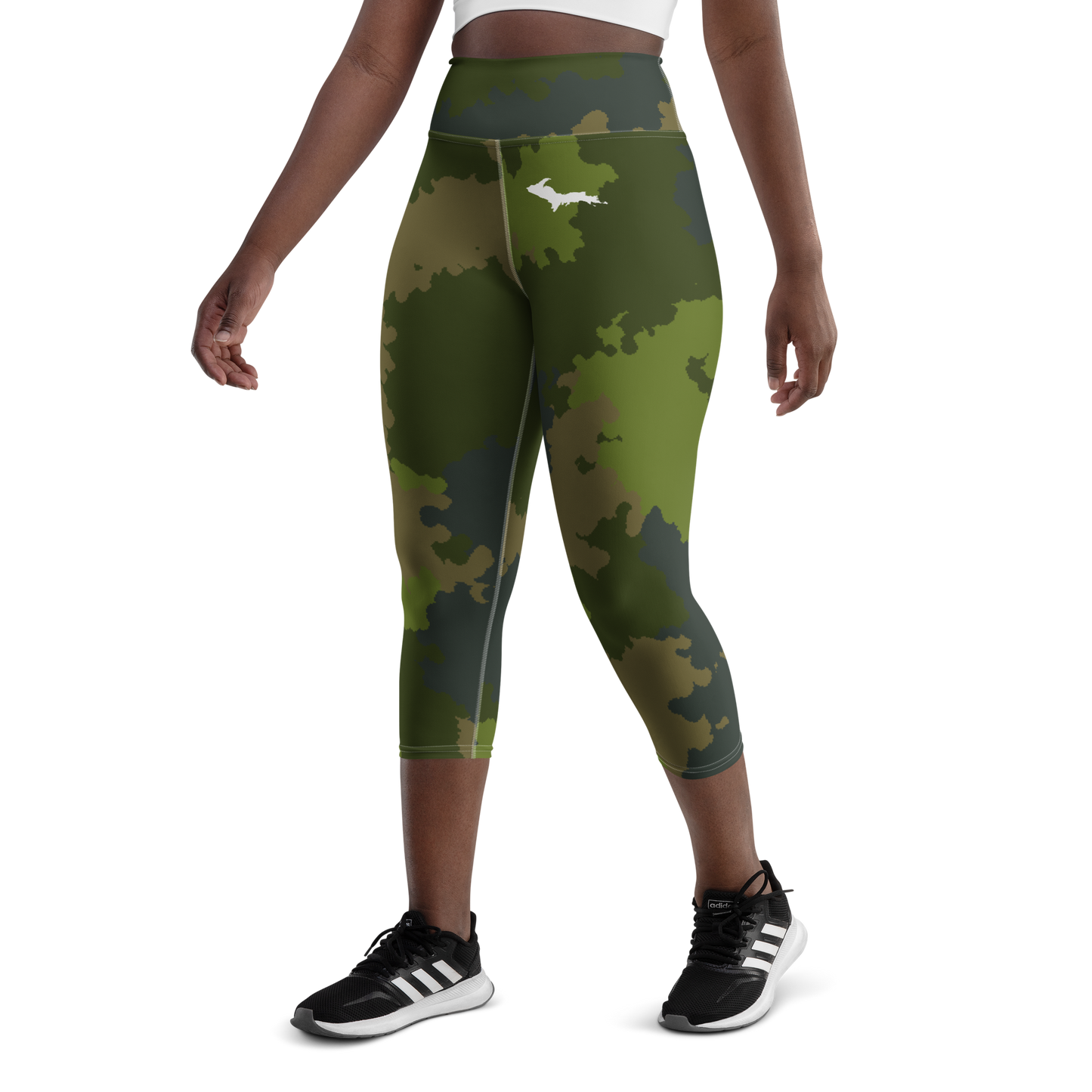 Michigan Upper Peninsula Yoga Capri Leggings (w/ UP Outline) | Woodland Camo