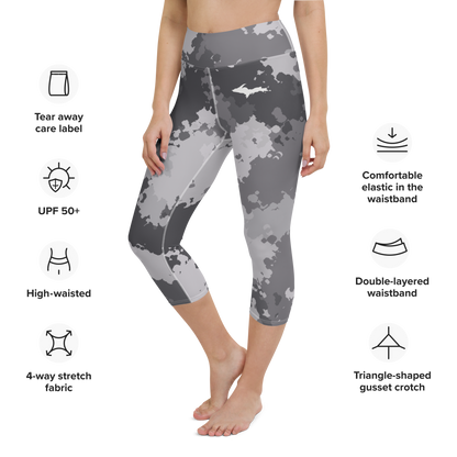 Michigan Upper Peninsula Yoga Capri Leggings (w/ UP Outline) | Iron Ore Grey