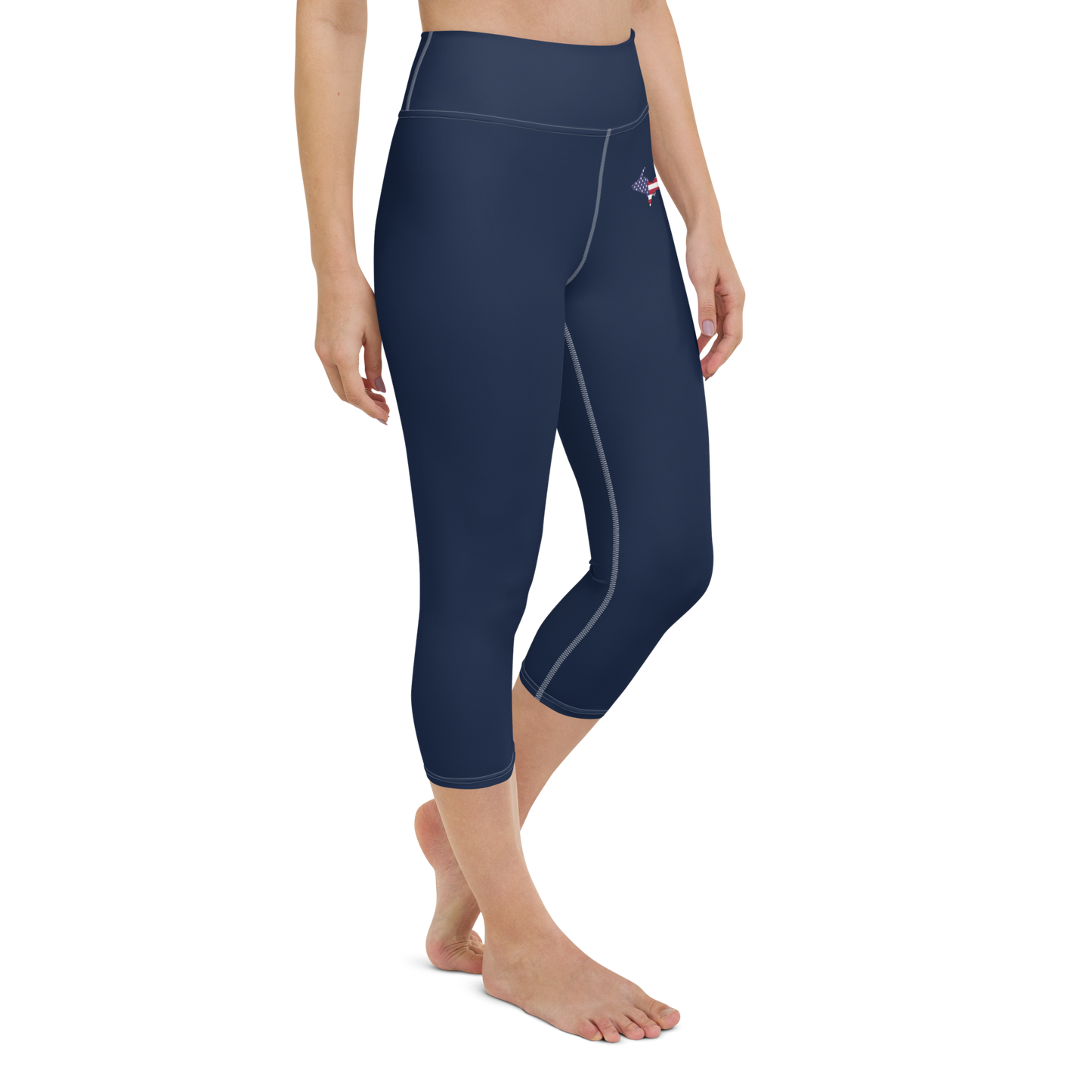 Michigan Upper Peninsula Yoga Capri Leggings (w/ UP USA Flag Outline) | Navy