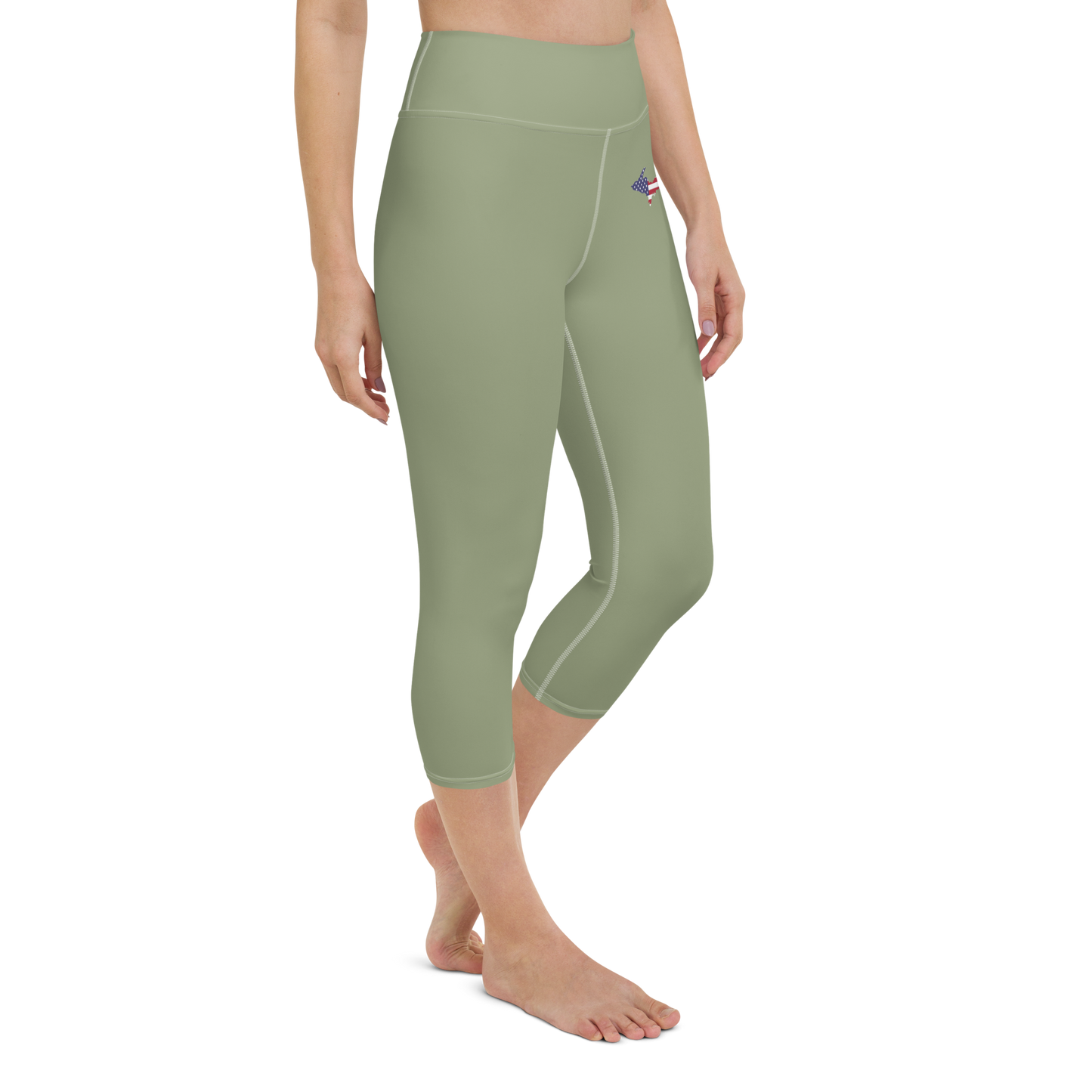 Michigan Upper Peninsula Yoga Capri Leggings (w/ UP USA Flag) | Beachgrass Green