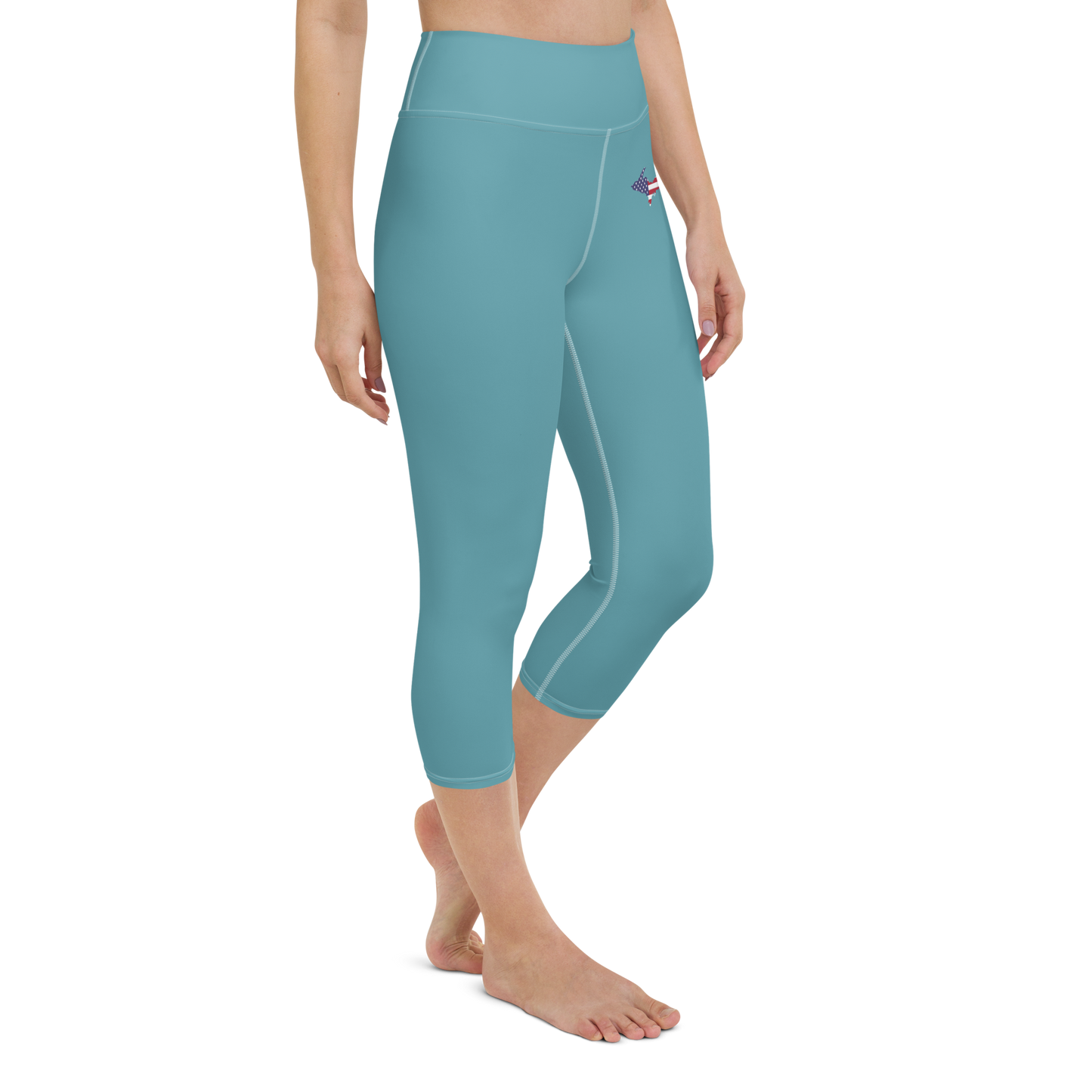 Michigan Upper Peninsula Yoga Capri Leggings (w/ UP USA Flag) | Lake Huron Blue