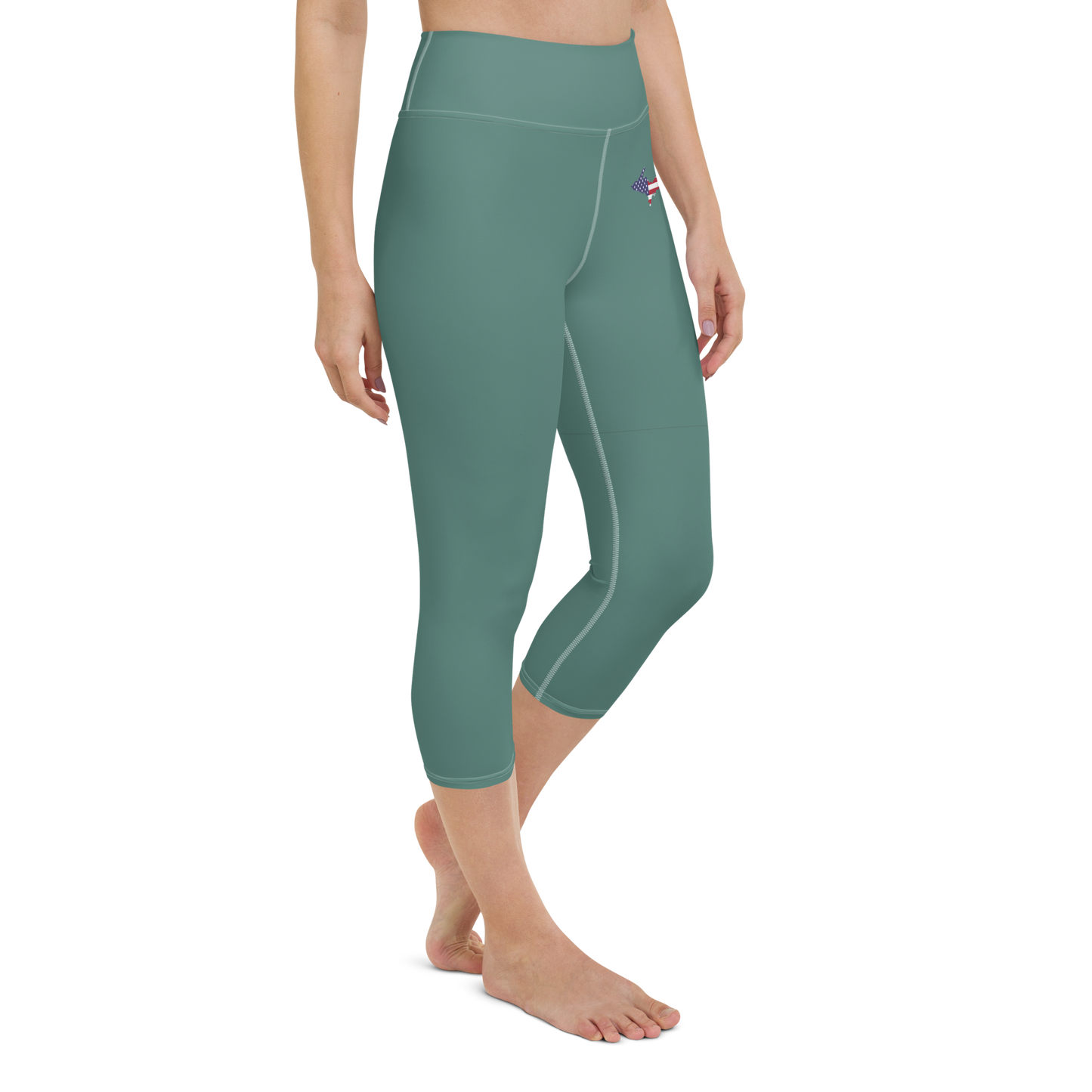 Michigan Upper Peninsula Yoga Capri Leggings (w/ UP USA Flag) | Copper Green