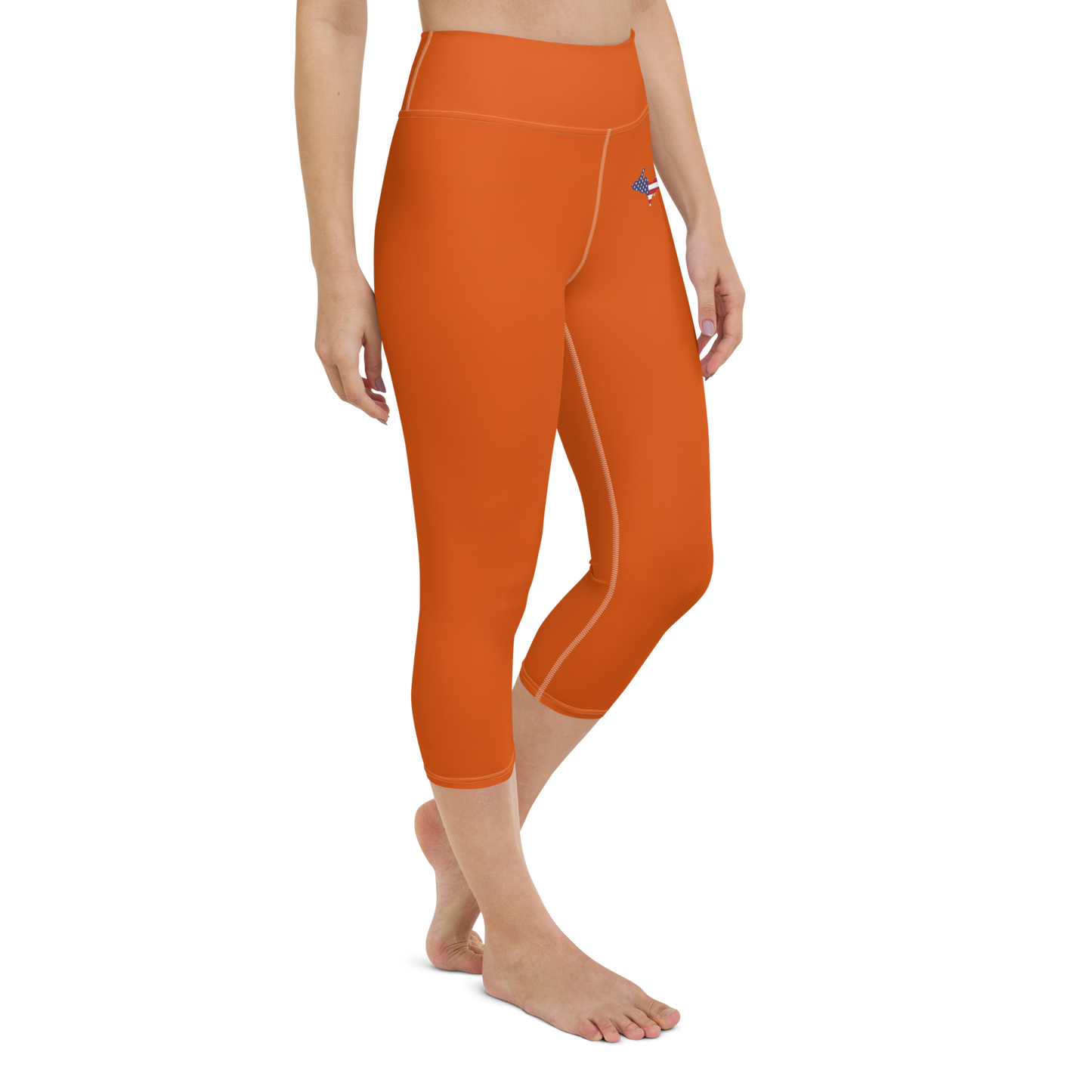 Michigan Upper Peninsula Yoga Capri Leggings (w/ UP USA Flag) | Maple Leaf Orange